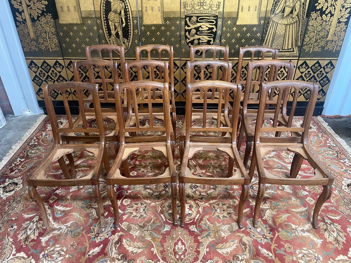 Suite Of 12 Restaurarion Style Chairs With “cathedral” Backrest-photo-2