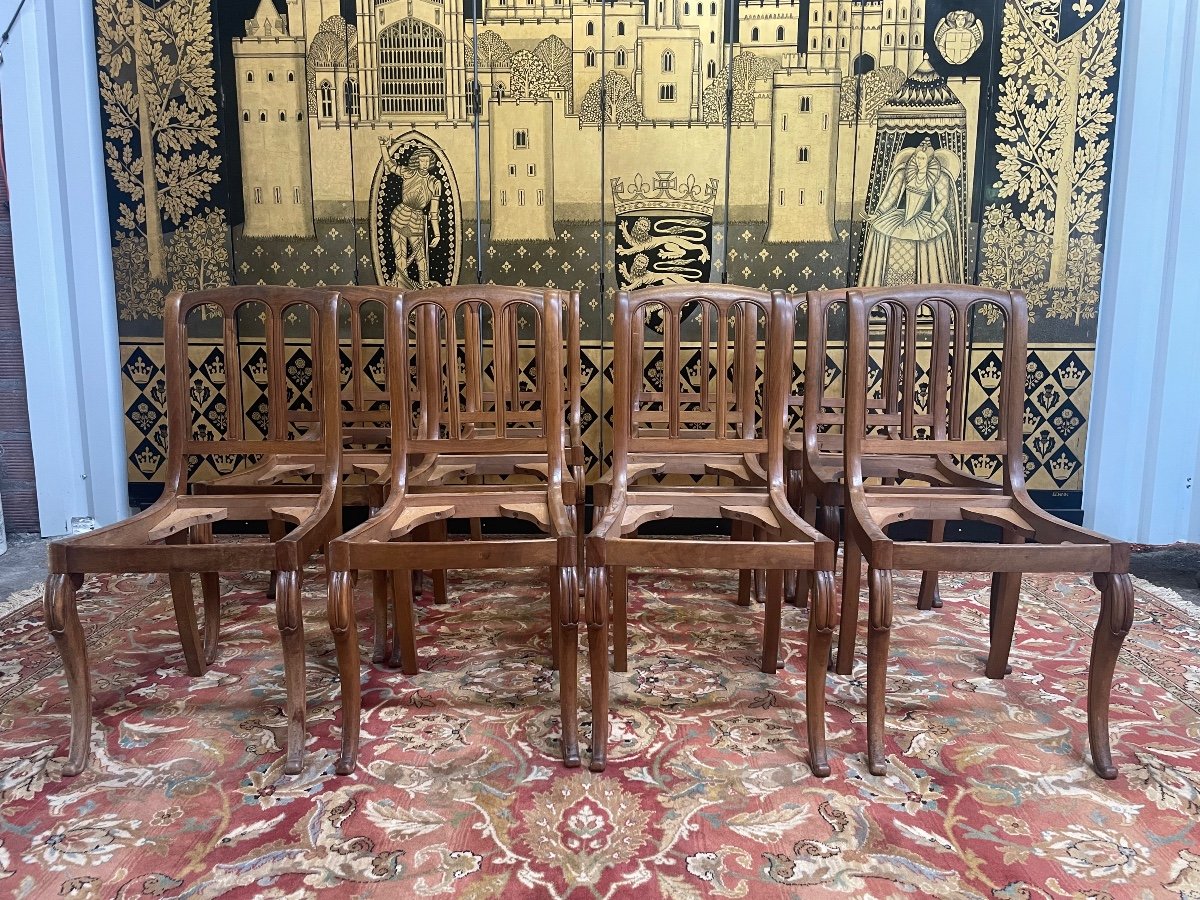 Suite Of 12 Restaurarion Style Chairs With “cathedral” Backrest