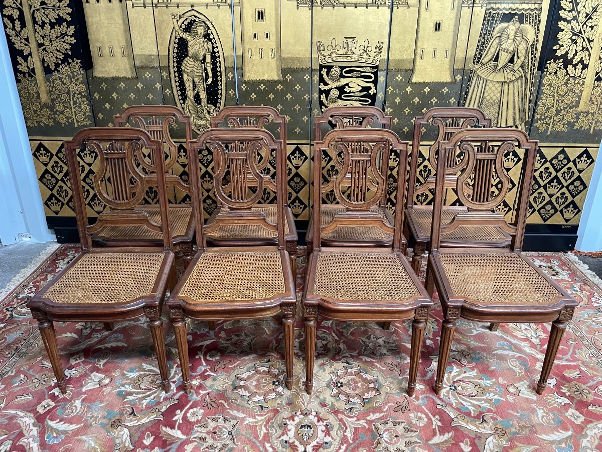 Suite De 8 Chaises De Style Louis XVI « lyre » en cannage -photo-2