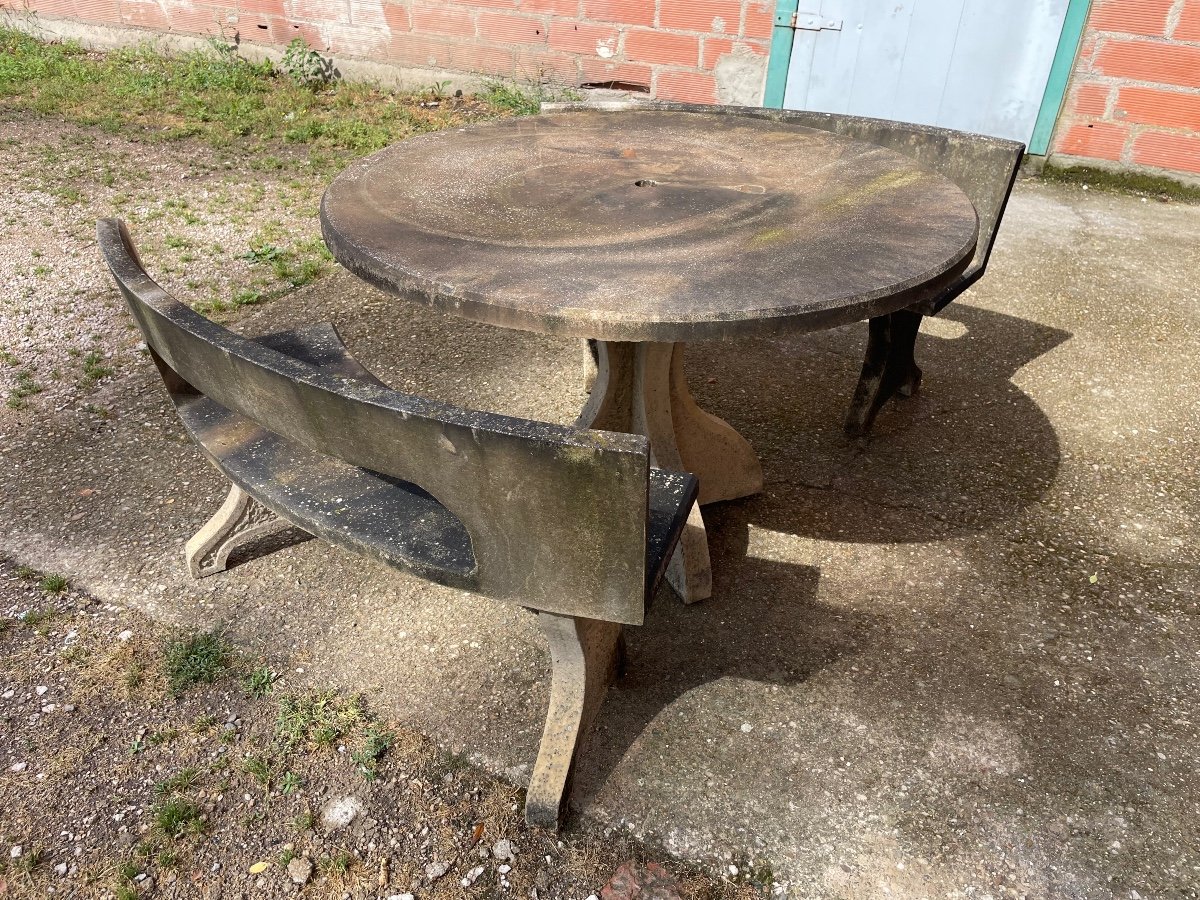 Salon De Jardin En Pierre - Ciment Table Et Bancs -photo-3