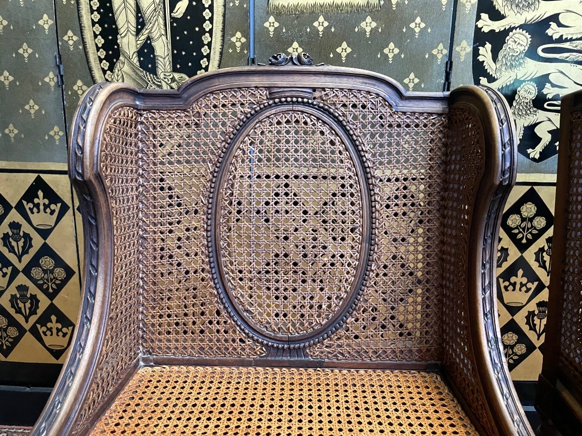 Paire De Fauteuils Bergères à Oreilles En Cannage Louis XVI-photo-2