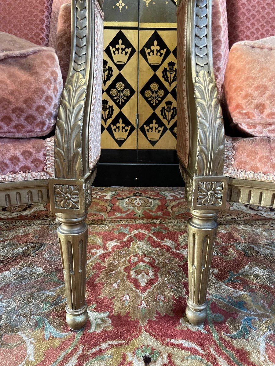 Paire De Bergères De Style Louis XVI Dorées -photo-3