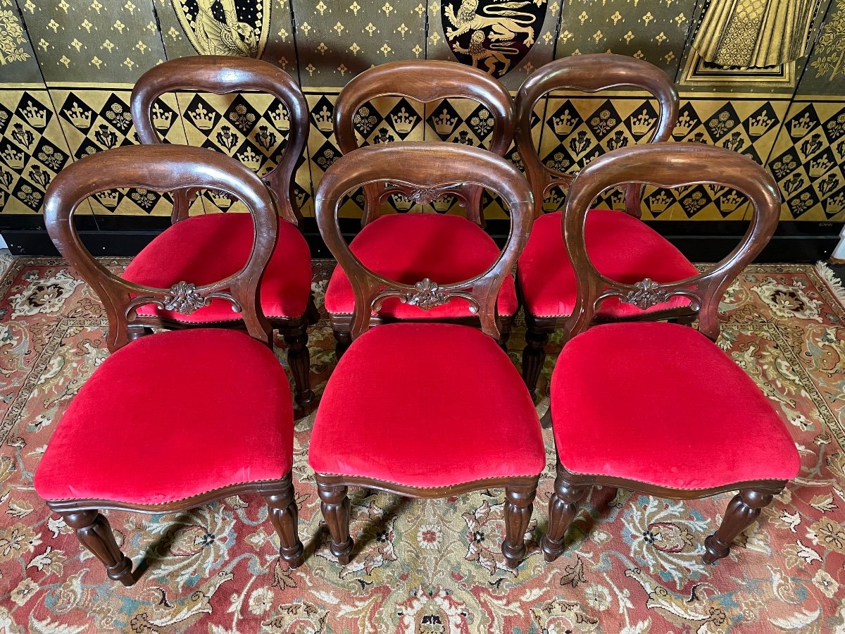Suite Of 6 English Chairs / Napoleon III Red Velvet-photo-2