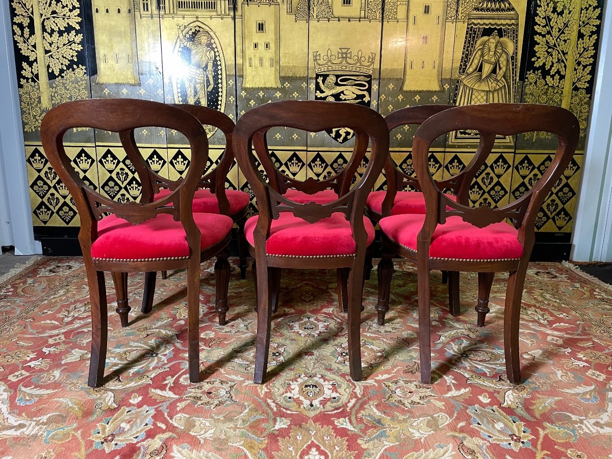 Suite Of 6 English Chairs / Napoleon III Red Velvet-photo-3