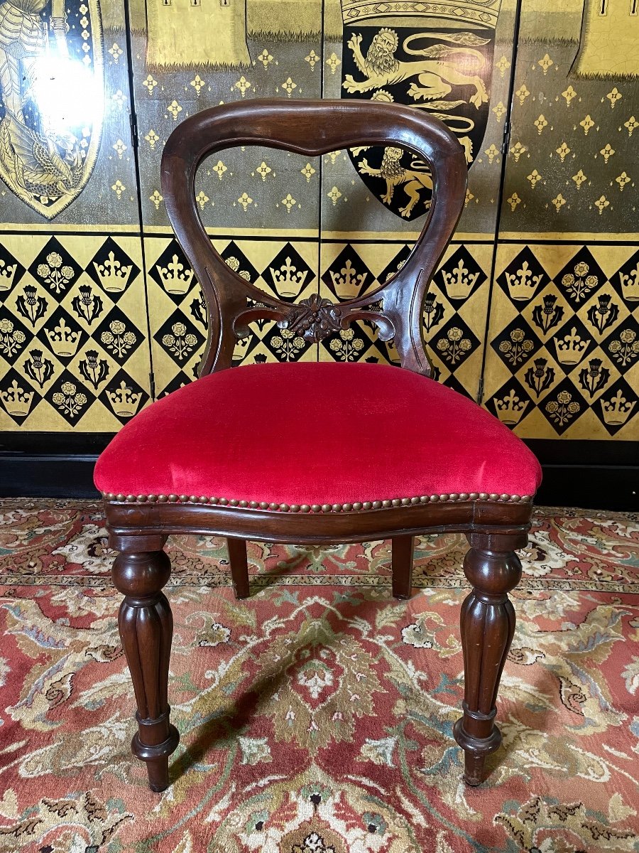Suite Of 6 English Chairs / Napoleon III Red Velvet-photo-4
