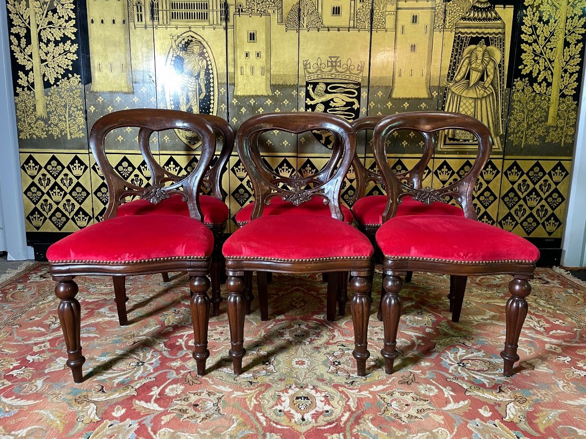 Suite Of 6 English Chairs / Napoleon III Red Velvet