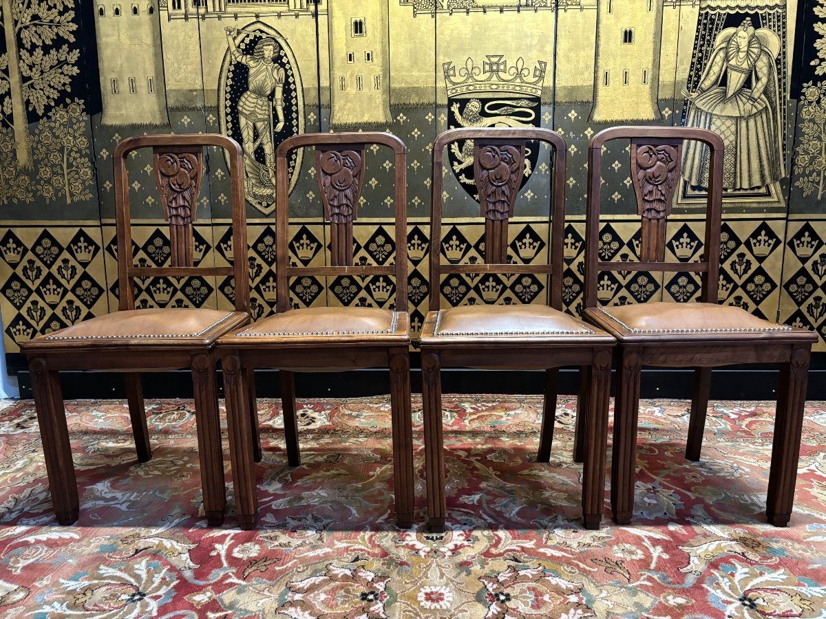 4 Chaises Art Deco Assise Cuir