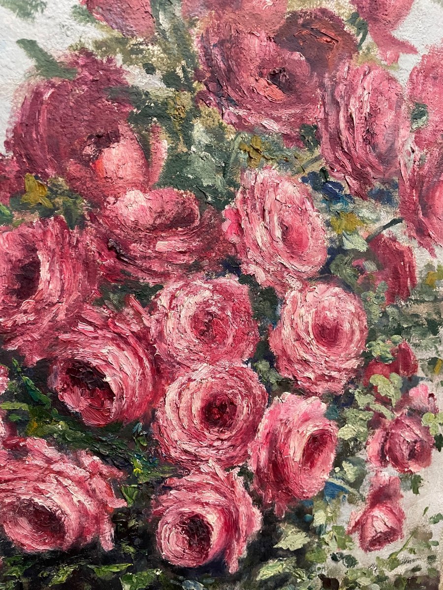 Oil On Canvas "bouquet Of Roses" Charles Castel-photo-3