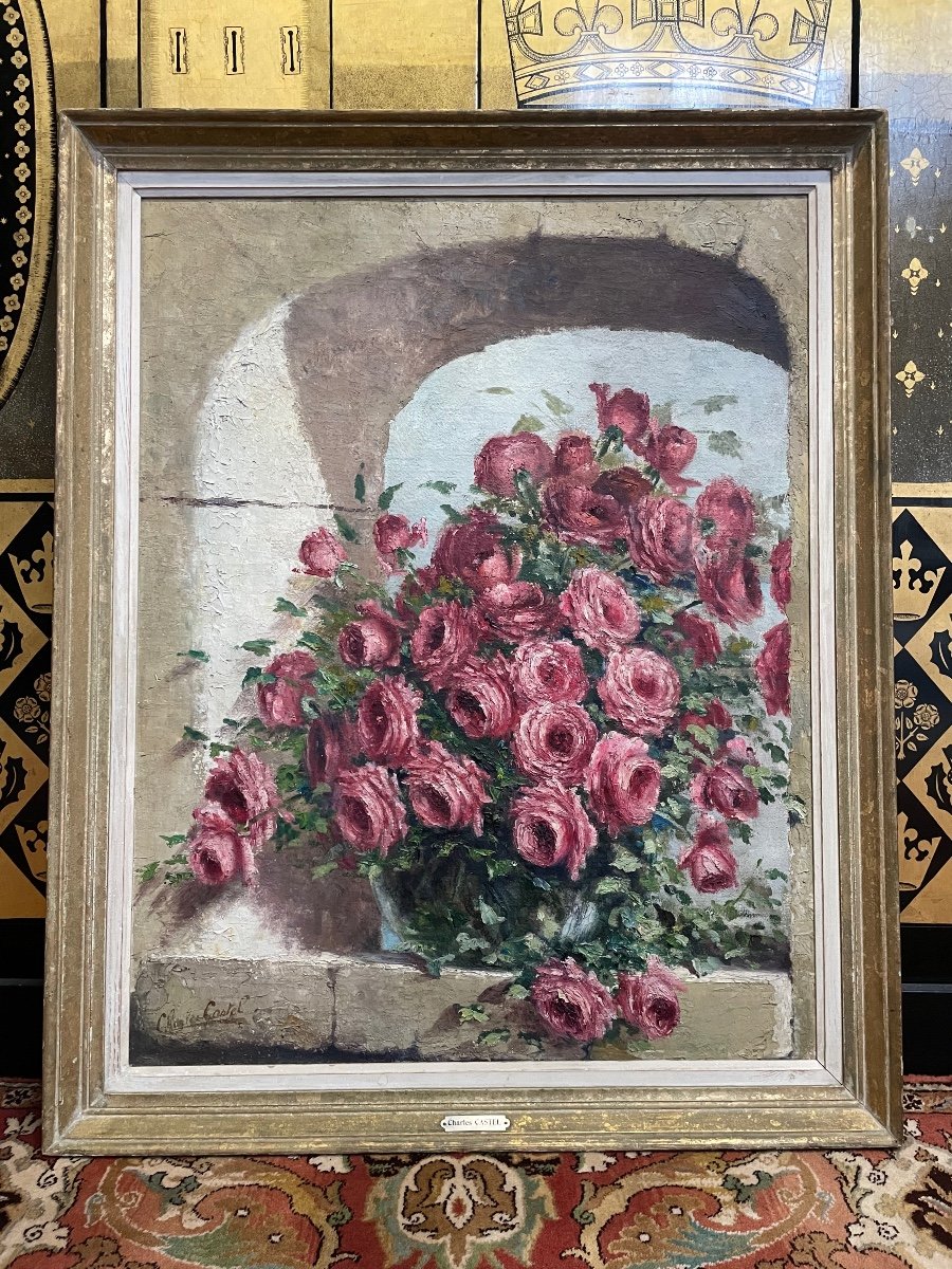 Oil On Canvas "bouquet Of Roses" Charles Castel