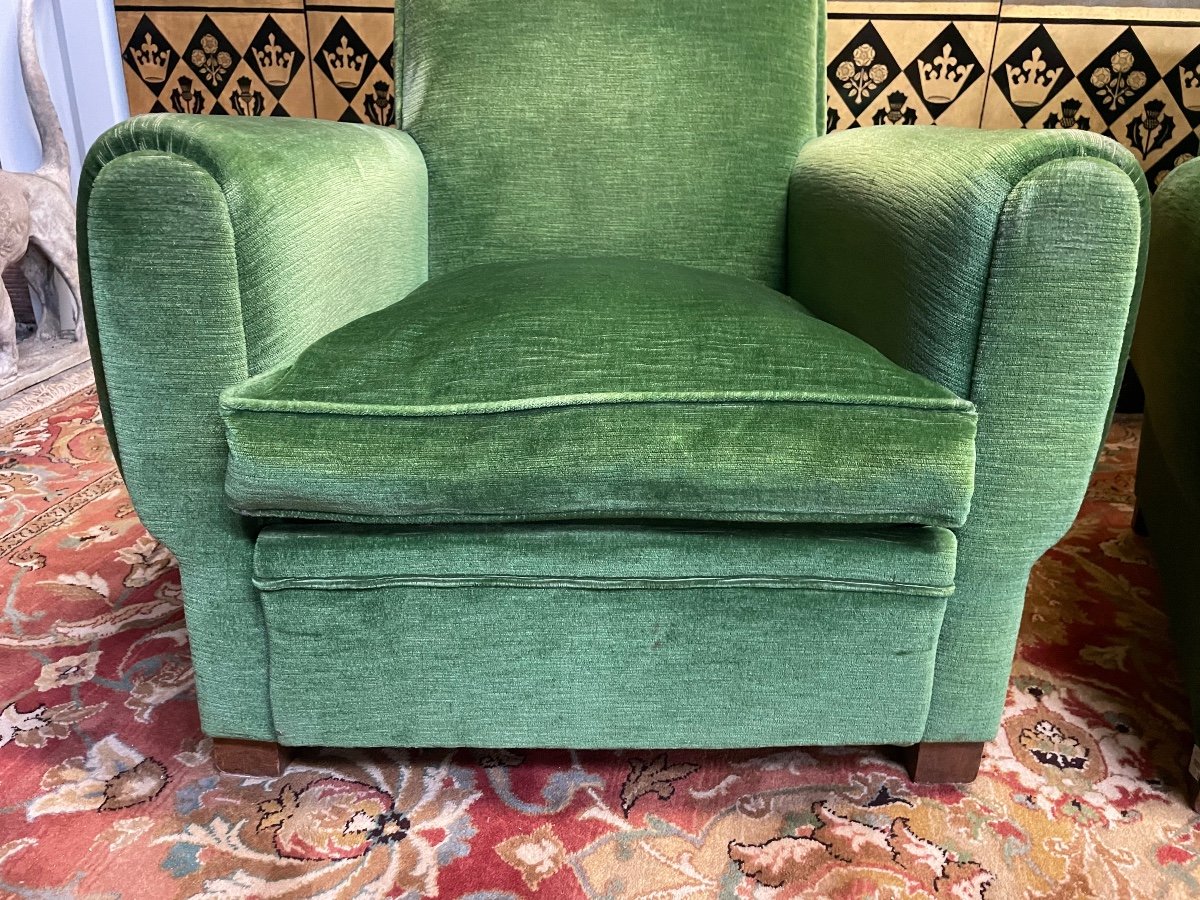 Paire De Fauteuils Clubs En Velours Vert -photo-2