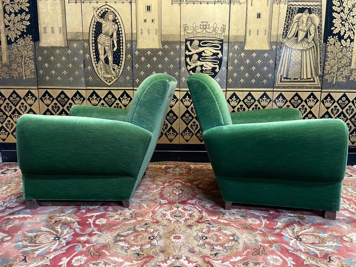Paire De Fauteuils Clubs En Velours Vert -photo-3