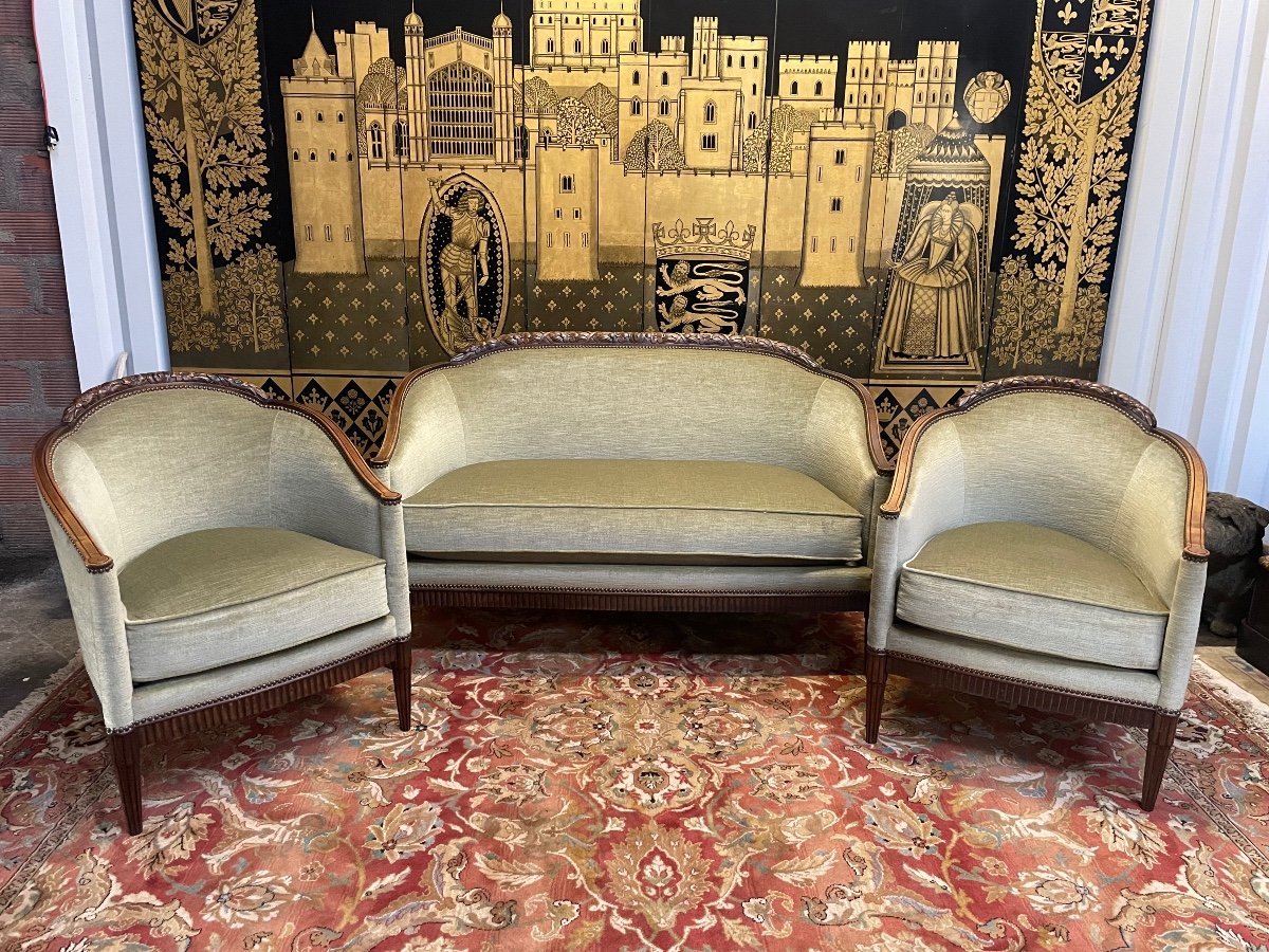 Art Deco Period Living Room, Sofa And Pair Of Armchairs 