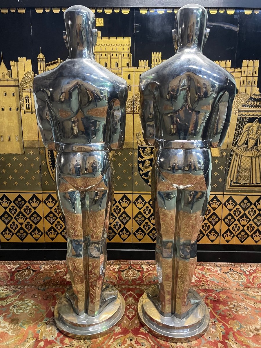Pair Of "oscar" Statues In Chromed Metal -photo-1