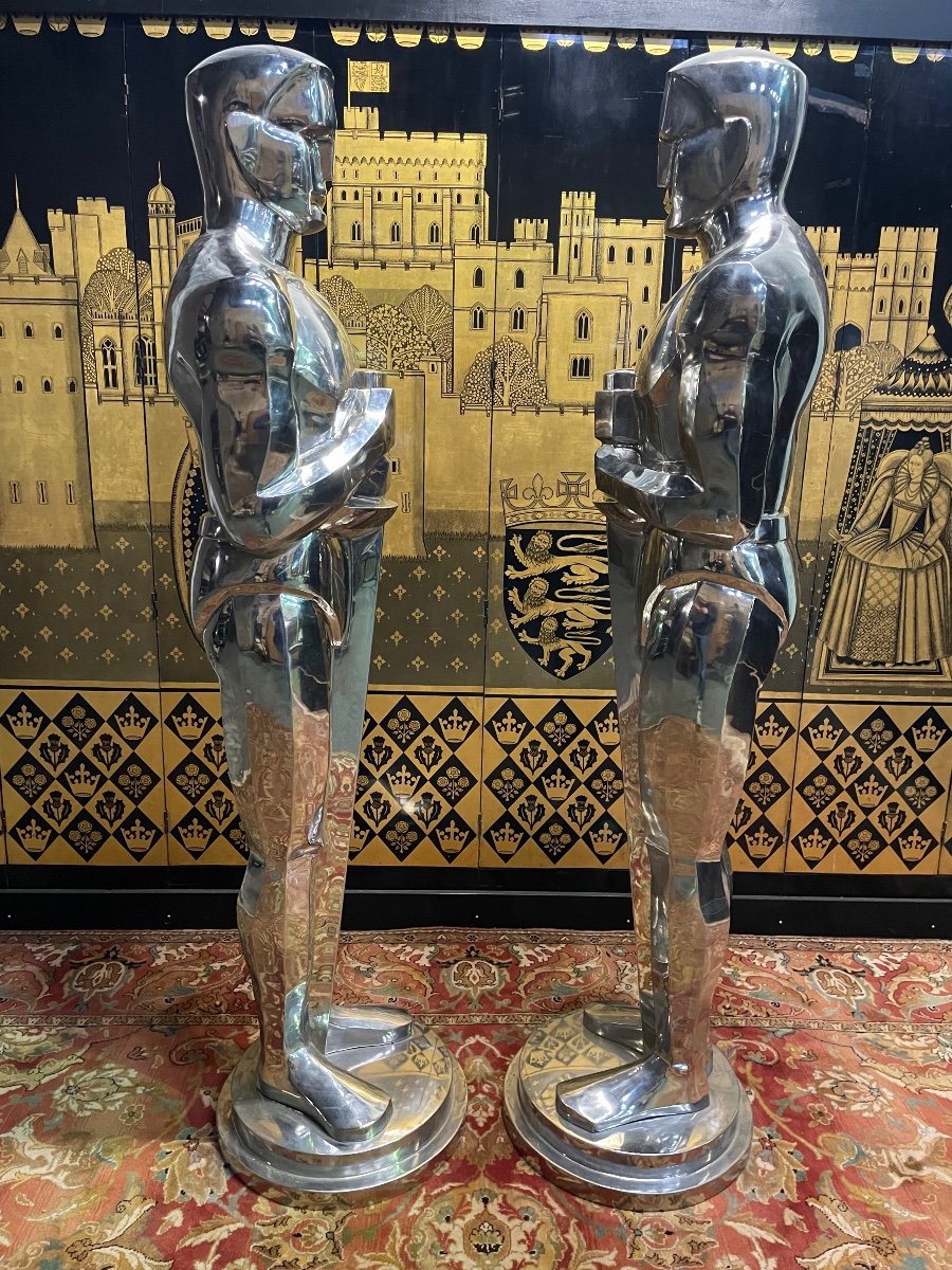 Paire De Statues "OSCAR" En Métal Chromé -photo-2