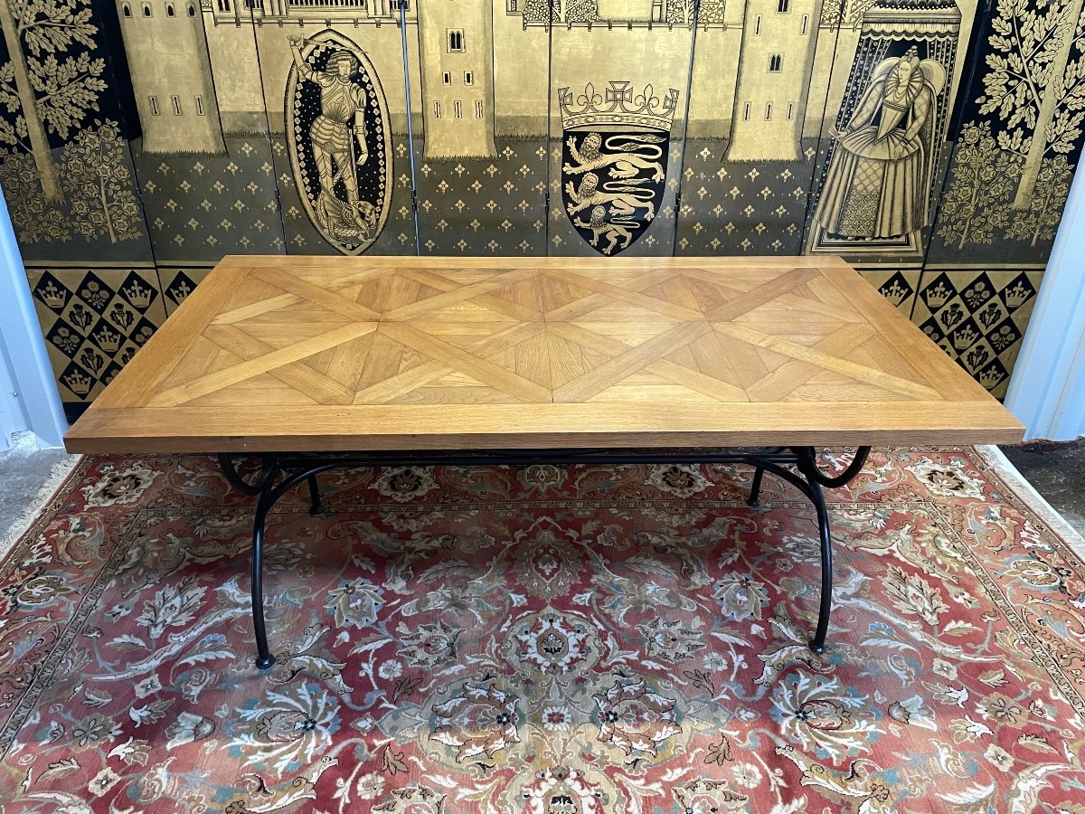 Iron Dining Table And Oak Parquet Top 