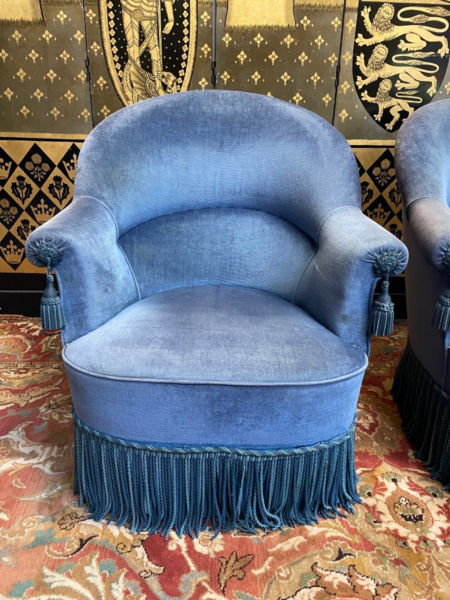Paire De Fauteuils Crapaud En Velours Bleu-photo-1