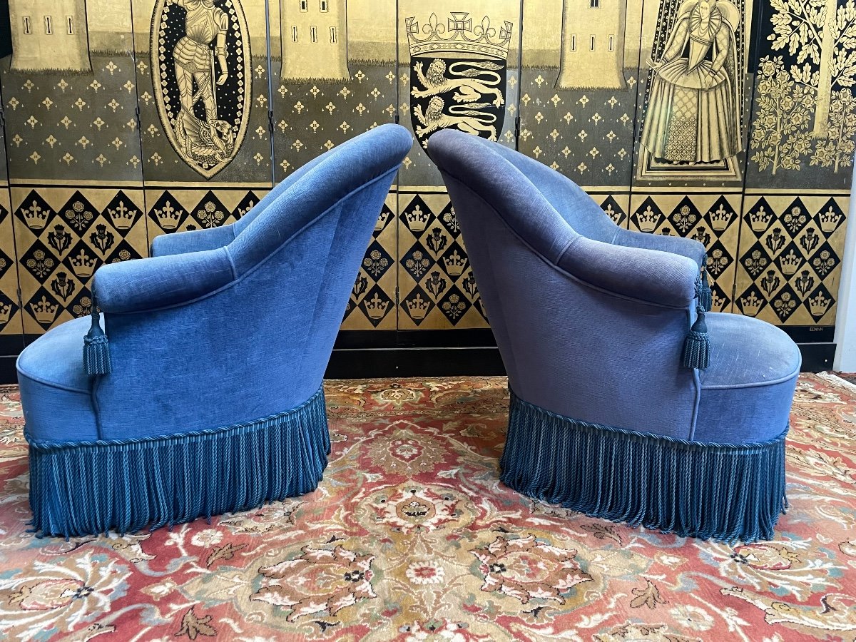 Paire De Fauteuils Crapaud En Velours Bleu-photo-2