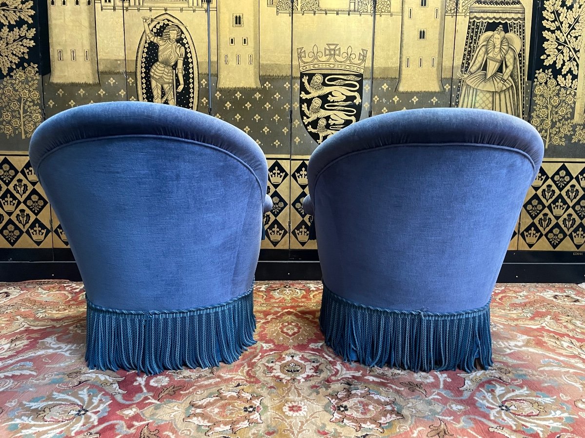 Paire De Fauteuils Crapaud En Velours Bleu-photo-3