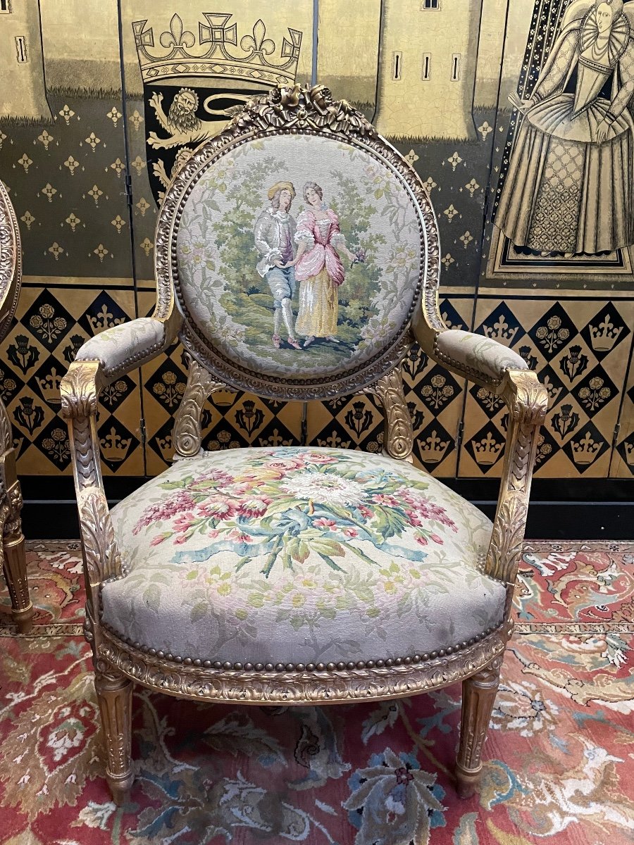 Pair Of Louis XVI Style Medallion Armchairs Golden Wood-photo-2