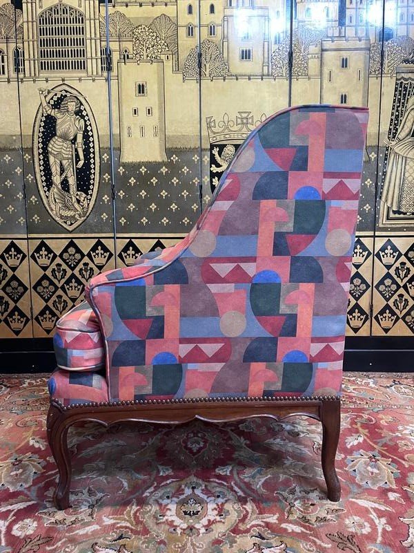 Armchair - Louis XV Style Wingback Bergère Art Deco Fabric-photo-4
