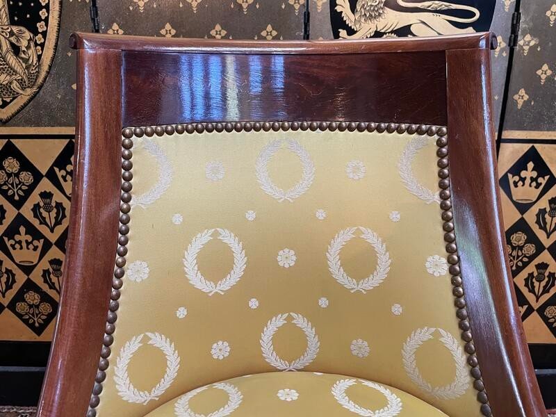 Suite De 6 Chaises Gondoles Empire En Acajou Et Soie Jaune-photo-2