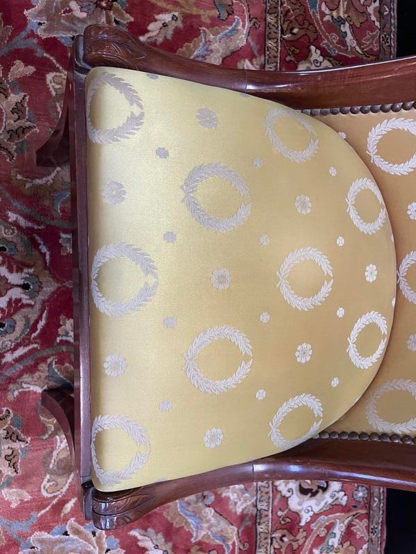 Suite De 6 Chaises Gondoles Empire En Acajou Et Soie Jaune-photo-2