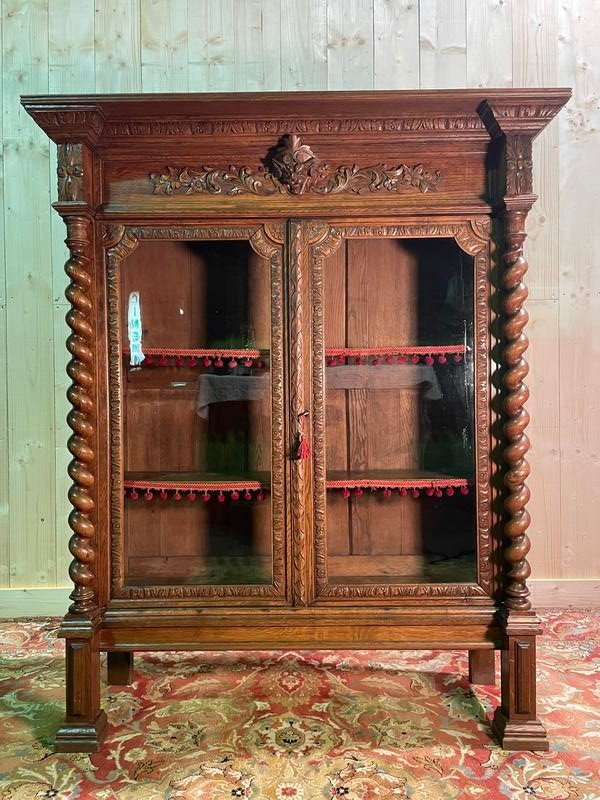 Library - Display Cabinet Renaissance Style In Solid Oak 