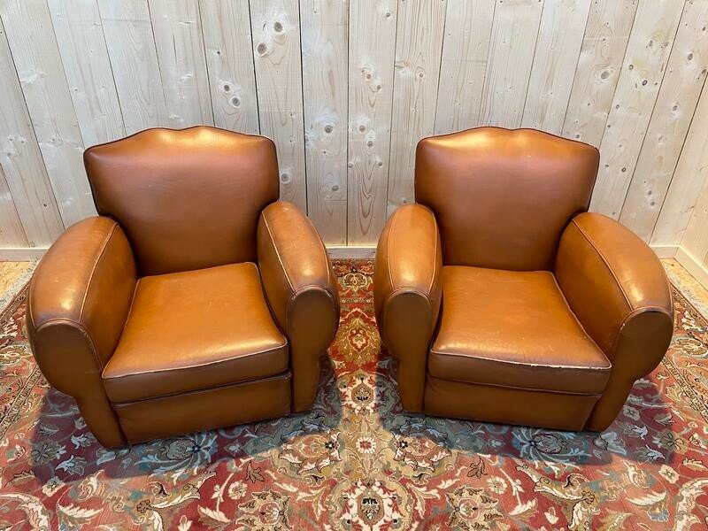 Paire De Fauteuils Club En Cuir Art Déco -photo-3