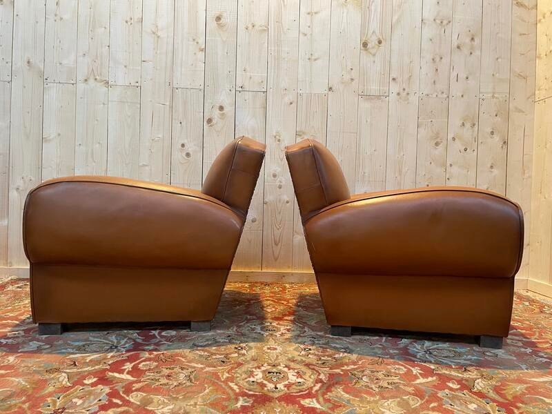 Paire De Fauteuils Club En Cuir Art Déco -photo-1