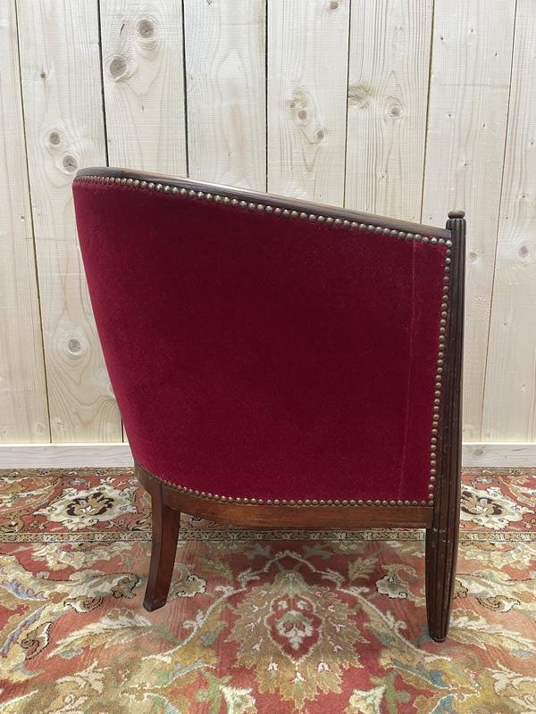 Art Deco Period Armchair - Bergère In Red Velvet -photo-4