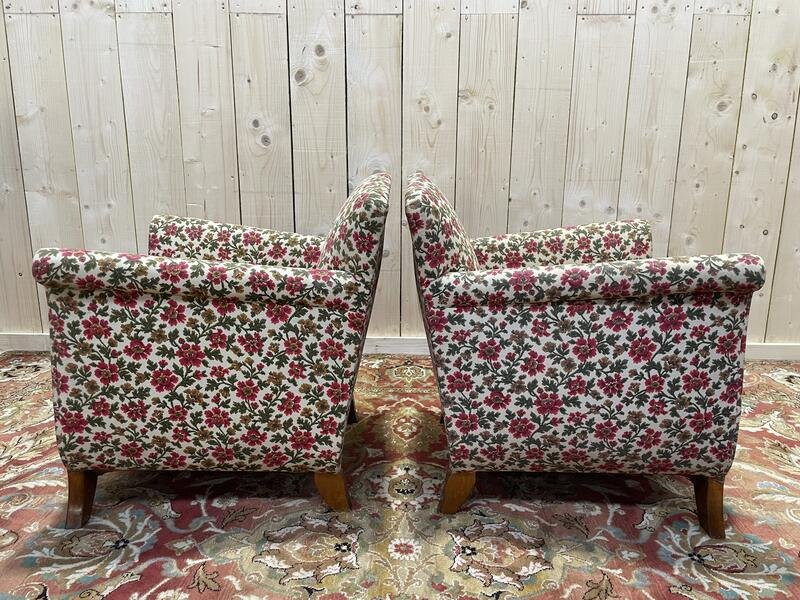 Paire De Fauteuils Bergères Art Déco / Vintage à Fleurs-photo-4