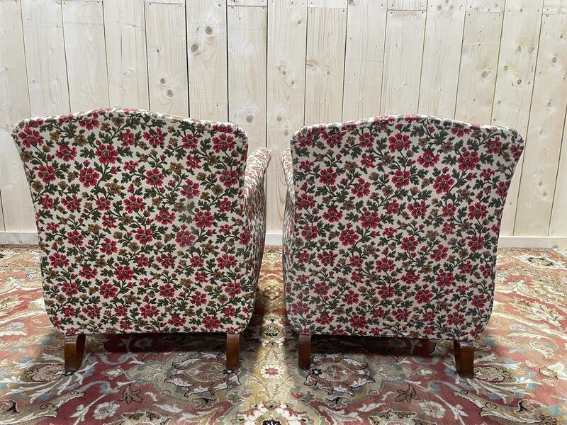 Paire De Fauteuils Bergères Art Déco / Vintage à Fleurs-photo-1