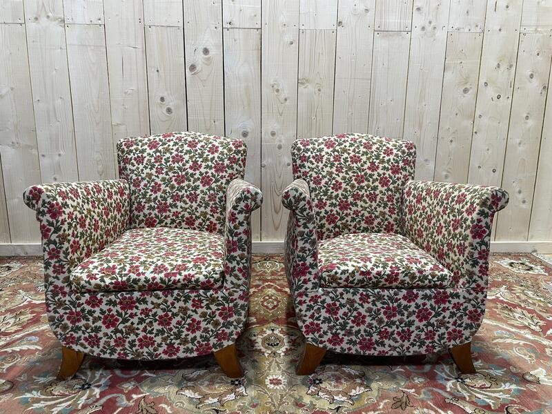 Paire De Fauteuils Bergères Art Déco / Vintage à Fleurs