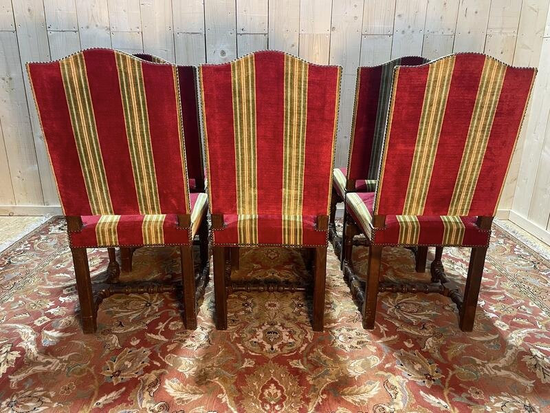 Suite De 6 Chaises De Style Louis XIII Velours Rayé -photo-2