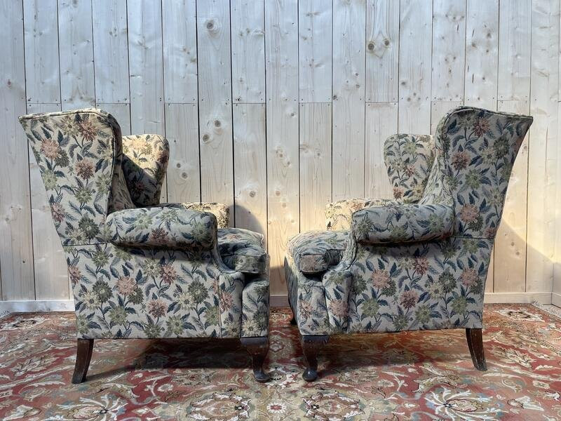 Pair Of Bergere / English Wingback Armchairs -photo-2