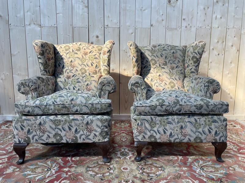 Pair Of Bergere / English Wingback Armchairs 