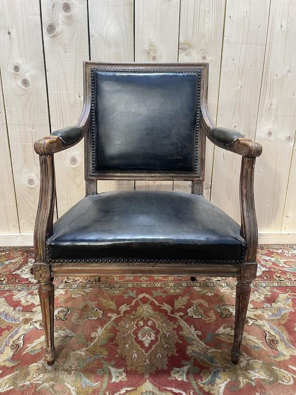Louis XVI Style Office Chair In Black And Gold Leather 