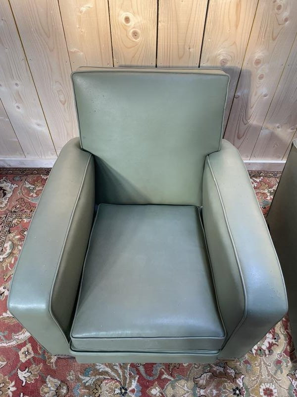 Paire De Fauteuils Club En Skaï Vert 1940-photo-3