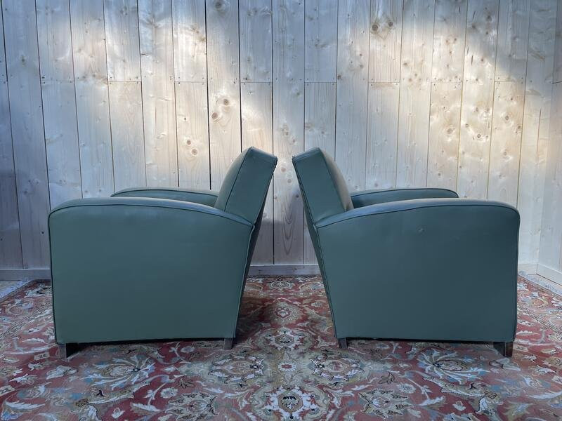 Paire De Fauteuils Club En Skaï Vert 1940-photo-3