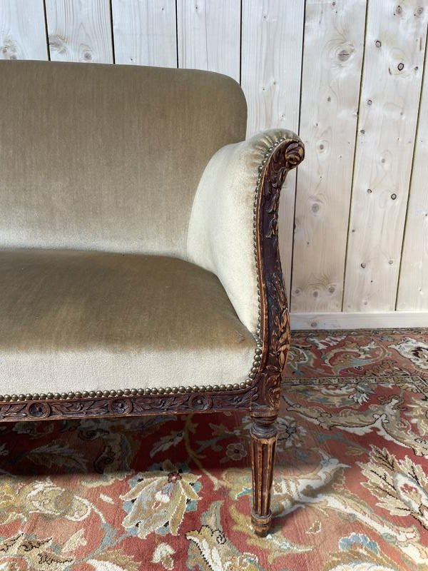 Louis XVI Style Sofa - Bench In Iced Brown Velvet -photo-2