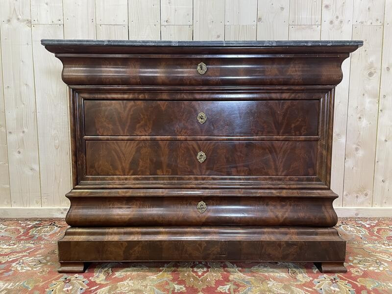 Louis Philippe Period Chest Of Drawers In Mahogany And Mahogany Veneer With Grey Veined Marble