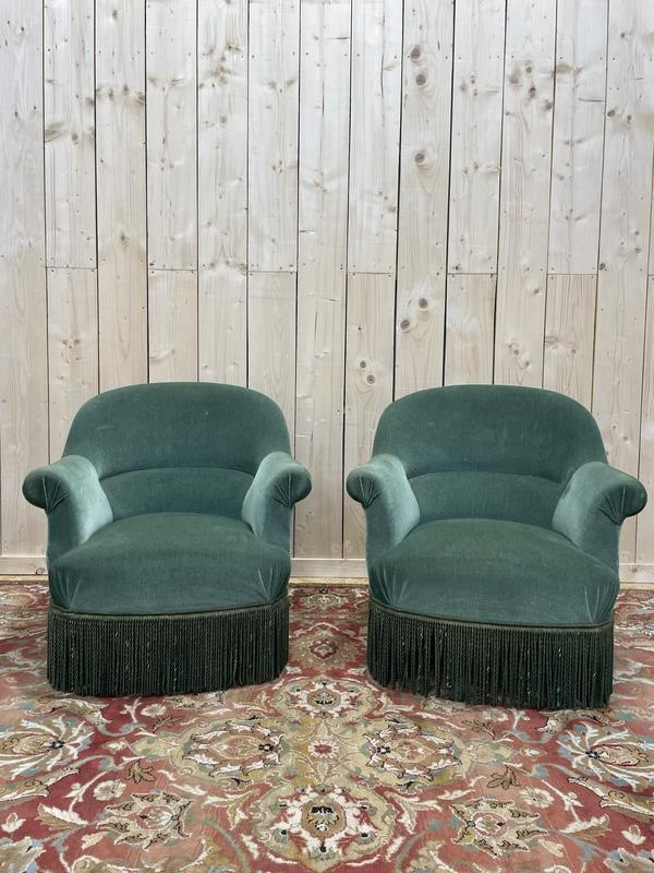 Paire De Fauteuils Crapaud En Velours Vert Style Napoléon III