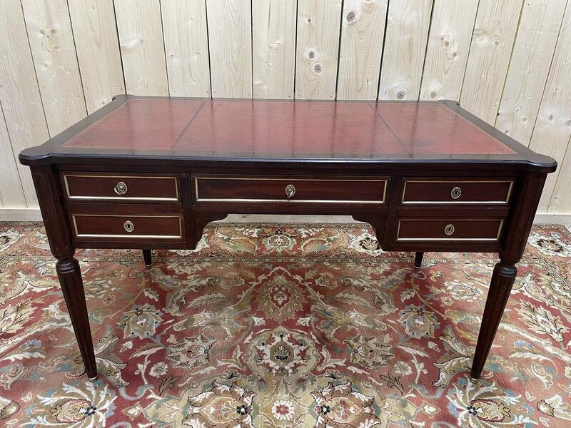Bureau plat de style Louis XVI acajou et cuir rouge-photo-2