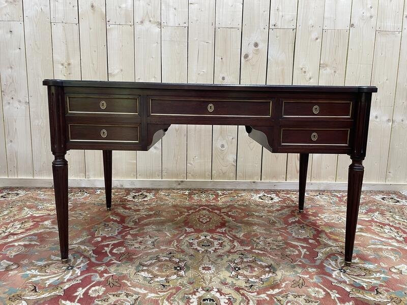 Bureau plat de style Louis XVI acajou et cuir rouge-photo-4