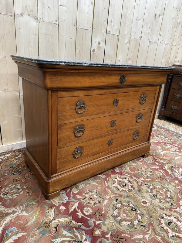 Commode de style Louis Philippe en merisier et marbre gris veiné-photo-3