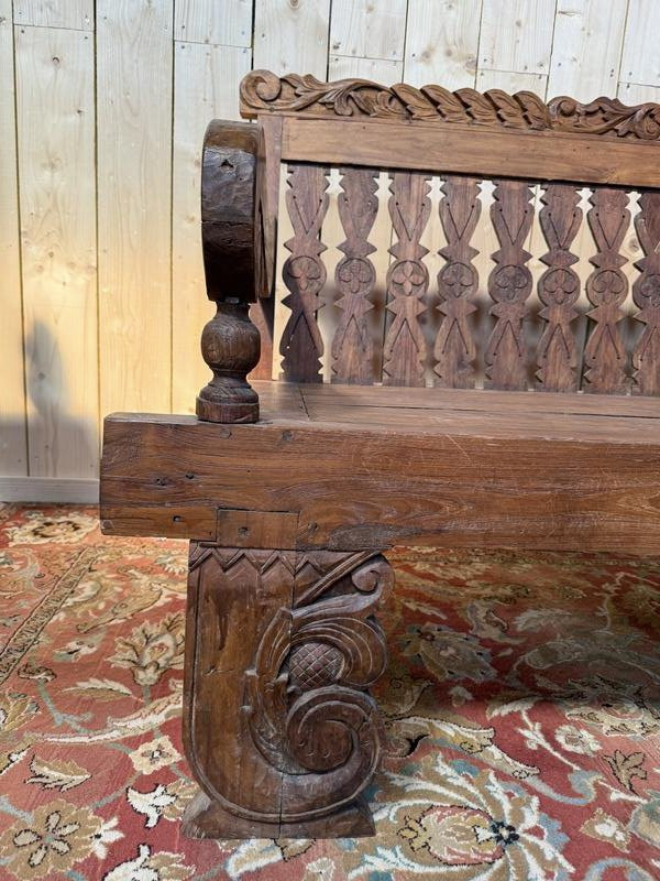 Large Indonesian Garden Bench In Carved Walnut -photo-3