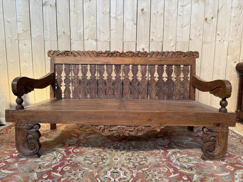 Large Indonesian Garden Bench In Carved Walnut 