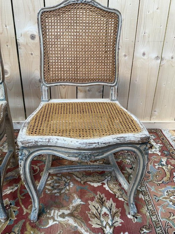 Set Of 4 Louis XV Style Caned Chairs, Rechampi -photo-2