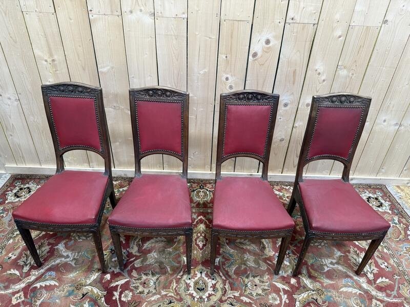 Suite de 4 chaises époque Art Nouveau en noyer sculpté-photo-1