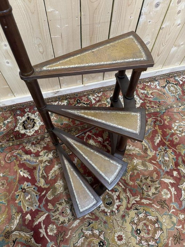 Staircase - English Library Stepladder In Mahogany And Leather -photo-4